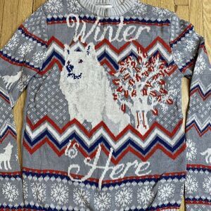 Game of Thrones Womens Winter is Here White Wolf Ugly Christmas Sweater Sz S